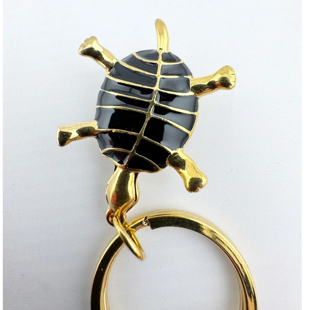 J.Crew Gold Tone‎ Black Cabochon Turtle Keychain Bag Charm Turquoise Accents NEW